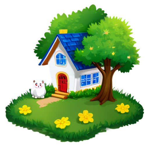 There is a house on the grass and there are animals around. - icon | sticker