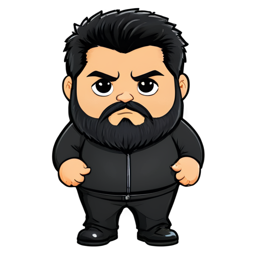 fat bearded man with black hair and gray beard, dressed in black tactic wear, with nothing in his hands - icon | sticker