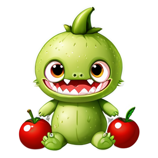 A stuffed creature made with bite-fruits and chew-roots, served with am-sauce. with eyes and teeth - icon | sticker