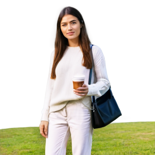 create a girl standing in a park holding a glass of coffee, dressed in a white sweater and white pants, with black loafers on her feet and a white bag, with her long hair loose - icon | sticker