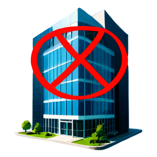 OFFICE BUILDING with a crossed out RED CIRCLE, refusal - icon | sticker