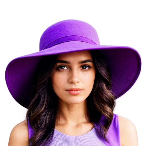 A girl in a big purple hat. Close-up. - icon | sticker