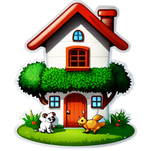 There is a house on the grass and there are animals around. - icon | sticker