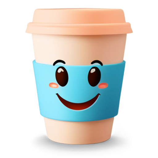 "A cheerful coffee cup with a big smiling face, cartoon style, warm pastel tones, steam coming out, cozy and friendly look." - icon | sticker