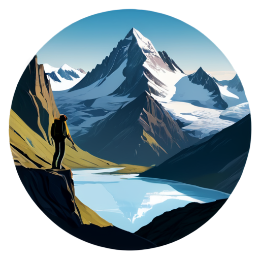 range of great mountain peaks with glaciers in the background. foreground includes a silhouette of a man with a expeditions backpack, he hiking up to the mountain top. Far lower in background seems part of big glacial lake, some distant pine trees over the hills. Use a stylized mountain shape as a frame around the entire design - icon | sticker