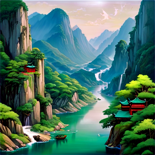 Inspiration 2: Verdant Mountains and Opera Scrolls Core Concept Integrate Wenzhou's scenic mountains and rivers with Fengshen Yanyi’s legendary battles to reflect Yue Opera’s Jiangnan elegance and the mythical scenes of celestial combat. Key Elements: Verdant Mountains: Inspired by Wenzhou’s famous landscapes like Yandang Mountain, painted in traditional verdant green style. Opera Scrolls: Flowing stage curtains of Yue Opera combined with water sleeve lines form a painting-like effect. Mythological Symbols: Thunderbolts, divine swords, and mythical creatures like phoenixes subtly embedded in the scene. Color Scheme: Primary Colors: Green and gold. Accents: White and red for contrast and theatrical visual impact. Typography: "封神" (Fengshen) merges seamlessly into the landscape’s outline for an artistic touch. - icon | sticker