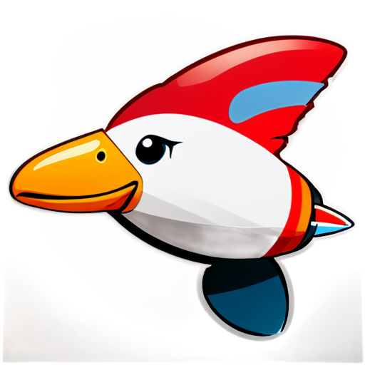 a small !red space rocket with orange wings and one large round porthole with a duck's face in it - icon | sticker