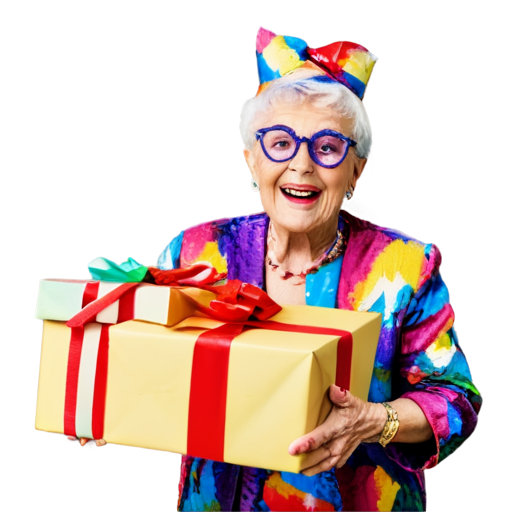 Elderly woman with heavy makeup in bright multi-colored fashionable clothes and funny glasses and birthday cap holding gifts in hands and laughing, with confetti in background - icon | sticker