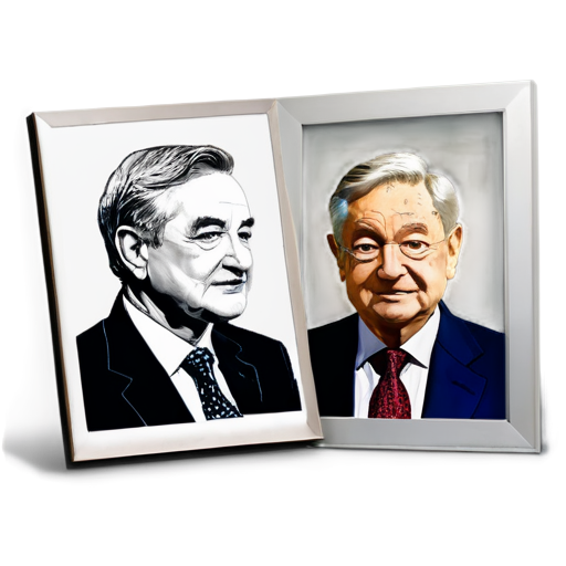 Draw portraits of two famous critics (Daniel Bell and George Soros) framed in question marks to represent a new perspective and different opinions on mainstream economics. - icon | sticker