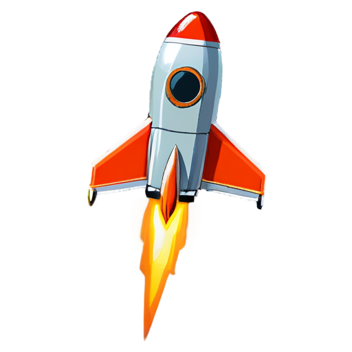 a small red space rocket with orange wings and one large round porthole in it 8 bit style - icon | sticker