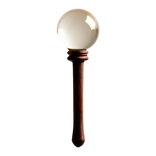 A single glass sphere on a white background containing one magical wand inside. The wand is long, about 38 cm, made of dark elder wood with a slight grayish tint. Along its length, there are protruding knots that resemble wooden beads, giving the impression that the wand was carved from a single piece of wood with natural thickening. These thickenings are evenly distributed, adding to the wand's imposing and mysterious appearance. - icon | sticker