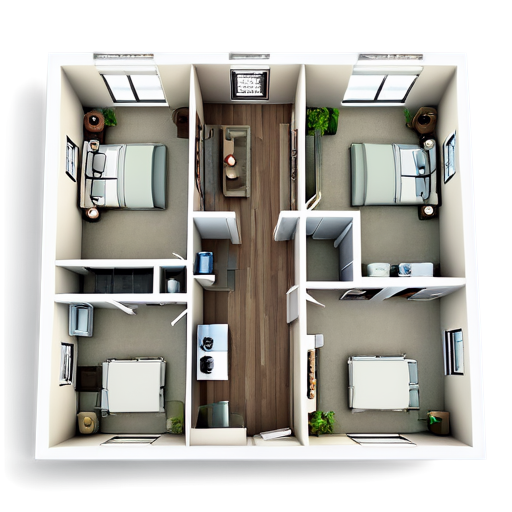 floor plan showing apartment with 5 rooms, a balcony with a swinging hammock, a living room with people chatting on the sofa, an office with a person working, a bedroom with a person lying in bed, a kitchen with a person cooking - icon | sticker