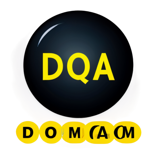 Generate icon with the phrase "DOM QA" in yellow style. Both words in different colors - icon | sticker