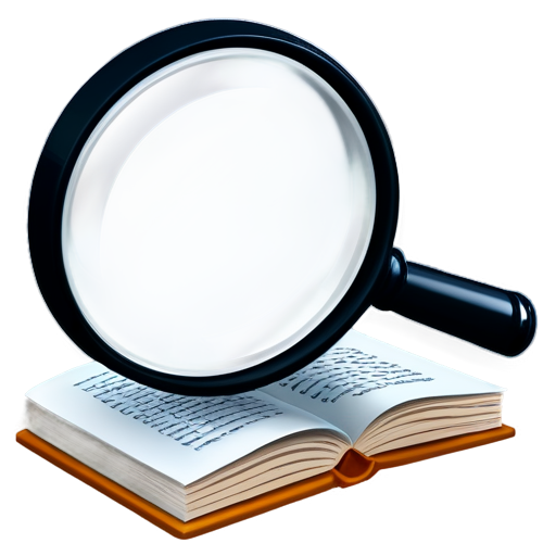 A 3D picture of a magnifying glass reading a book - icon | sticker