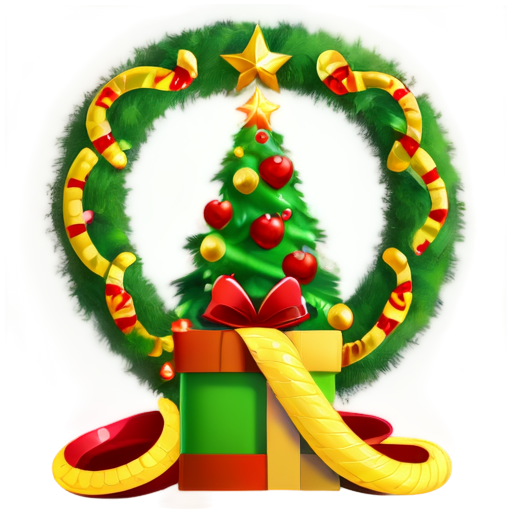 in the background is a New Year tree with gifts. in the foreground is a golden snake in the shape of a heart. the inscription "Health, love, prosperity" - icon | sticker