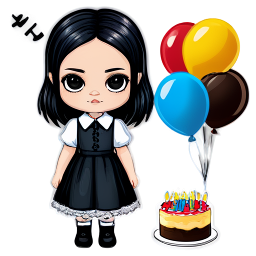 Wednesday Addams with colorful balloons and birthday cake - icon | sticker