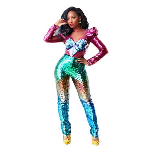 A full-body model wearing ultra-colorful fashion clothing adorned with sequins, colorful gems, diamonds, and rhinestones. The clothing is glamorous and extravagant, incorporating surreal and iridescent elements. The photograph captures the essence of a high-fashion magazine shoot, with lighting and composition that highlight the elegance and sophistication of the model and her outfit. - icon | sticker