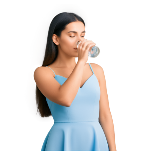 beautiful european woman in expensive dress drinks water from glass - waist-up photo - icon | sticker