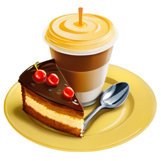 coffee to go and cake on a plate in yellow-orange colors - icon | sticker