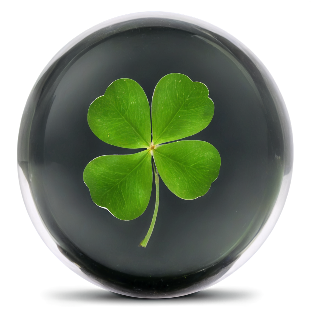 a glass ball floating in dark liquid, reflecting the image of A gorgeous single 4 leaf clover - icon | sticker