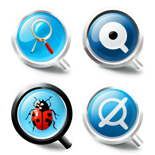 Design a set of minimalist, professional icons representing different roles in a development team, each labeled with its role. The icon should have a clean, modern style, without cartoonish elements. QA icon with a magnifying glass and bug - icon | sticker