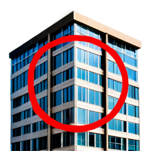 OFFICE BUILDING with a crossed out RED CIRCLE, refusal - icon | sticker