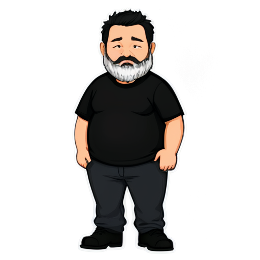 fat bearded man with BLACK hair and GRAY beard, dressed in black tactic wear, with nothing in his hands, and wearing black boots - icon | sticker