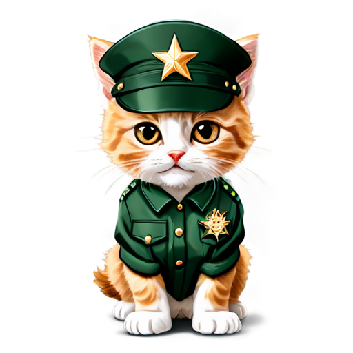 Angry Yelling girl kitten with brown eyes in army generals uniform and hat with generals star cartoon - icon | sticker