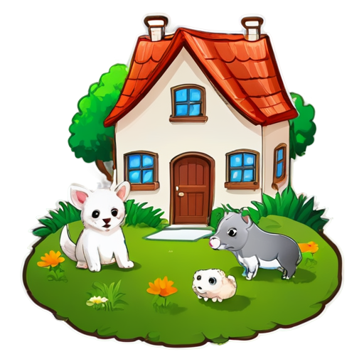 There is a house on the grass and there are animals around. - icon | sticker