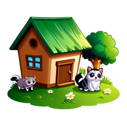 There is a house on the grass and there are animals around. - icon | sticker