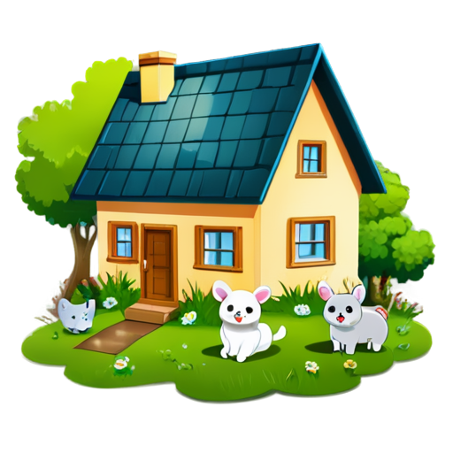 There is a house on the grass and there are animals around. - icon | sticker