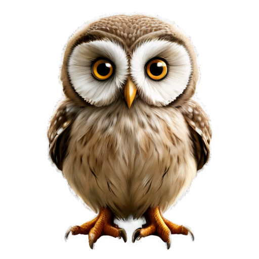 A small owl with large round eyes, a small beak, and tiny wings. Use soft, earthy tones like light browns and grays. - icon | sticker