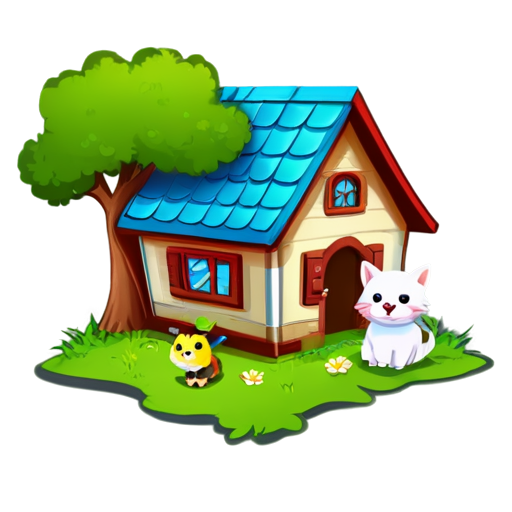 There is a house on the grass and there are animals around. - icon | sticker