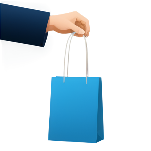 a man's hand holds a paper bag by the handles, in blue colors on a white background - icon | sticker