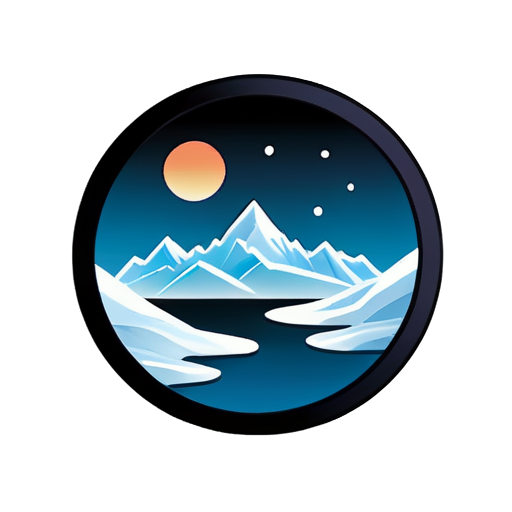 Design a logo featuring a range of great mountain peaks with glaciers in the background. In the foreground, include a silhouette of a man with a expeditions backpack, he hiking up to the mountain top. Far lower in background seems part of big glacial lake, some distant pine trees over the hills. Use a stylized mountain shape as a frame around the entire design. The color scheme should include earthy tones for the mountains and glaciers, with a contrasting color for the hiker. The overall design should be simple, clean, and convey a sense of adventure - icon | sticker