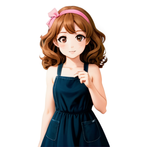 Anime girl,stands with a mix of vulnerability and confidence. A soft blush highlights her freckles, while her tousled auburn curls drape over her shoulders. Her pastel dress, slightly low-cut, hugs her figure, emphasizing the gentle sway of her hips. An apron tied around her waist adds innocence to her playful allure. Her deep hazel eyes invite warmth, hinting at stories over coffee. Each graceful, teasing movement makes her charm irresistible - icon | sticker