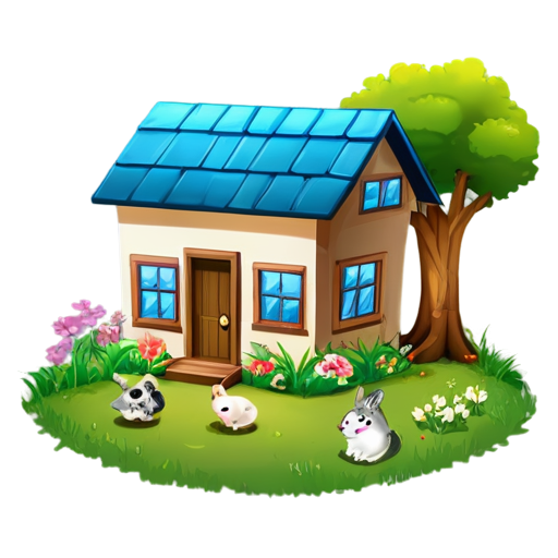 There is a house on the grass and there are animals around. - icon | sticker