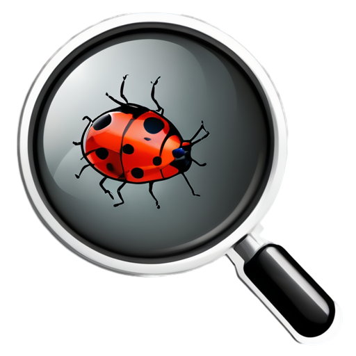 The icon should have a clean, modern style, without cartoonish elements. Include: QA icon with a magnifying glass and bug - icon | sticker