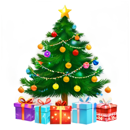 fireworks. New Year tree decorated with balls and garlands. gifts under the tree. - icon | sticker