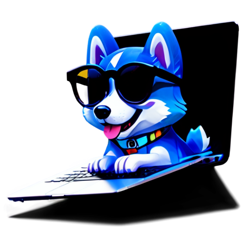 A husky wearing sunglasses is smiling funny and using a laptop - icon | sticker