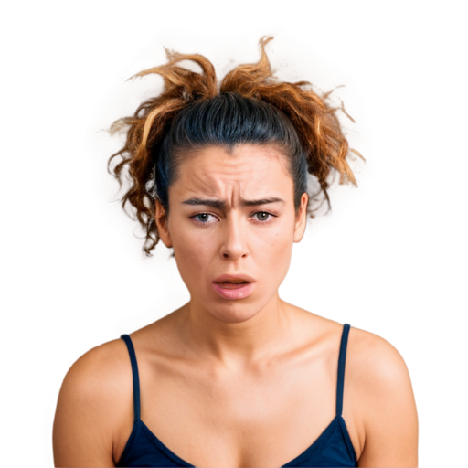 Flat icon on a womens head that looks frazzled and silly and she is not happy about it - icon | sticker