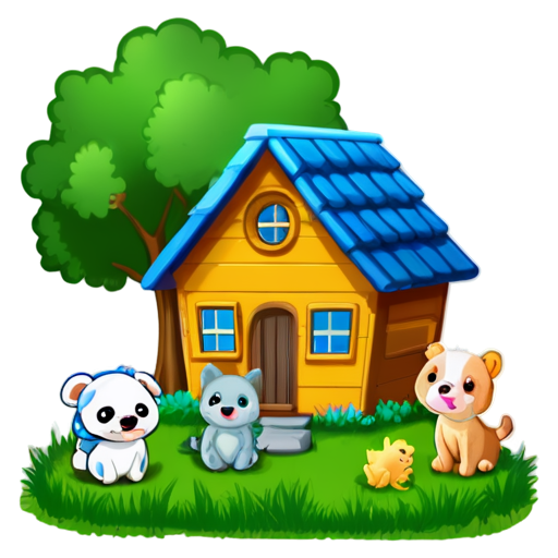 There is a house on the grass and there are animals around. - icon | sticker