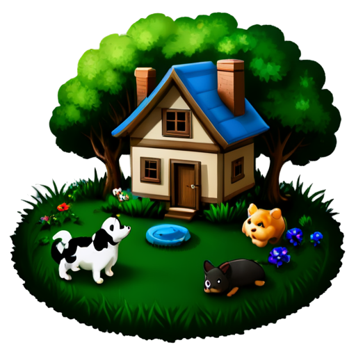 There is a house on the grass and there are animals around. - icon | sticker