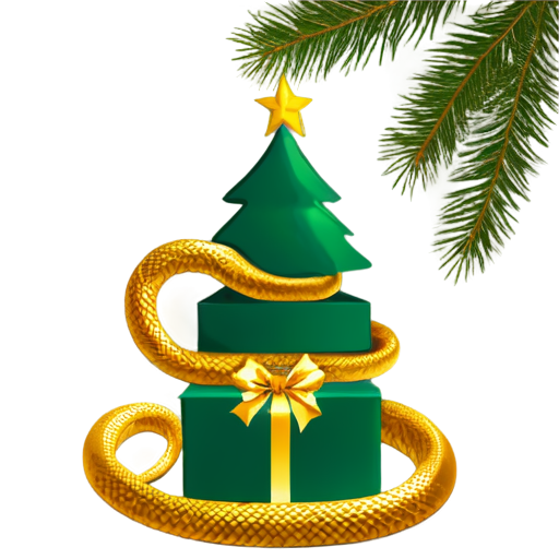 against the background of a New Year tree with gifts is a beautiful golden snake - icon | sticker