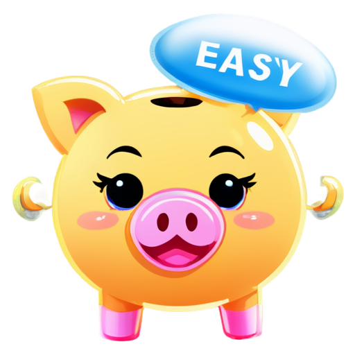 A piggy bank popped up with a bubble containing the English word 'easy' - icon | sticker