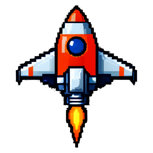 a small space rocket with a bright red body and orange wings and one large round porthole , 8 bit style - icon | sticker