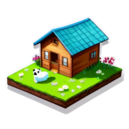 There is a house on the grass and there are animals around. - icon | sticker