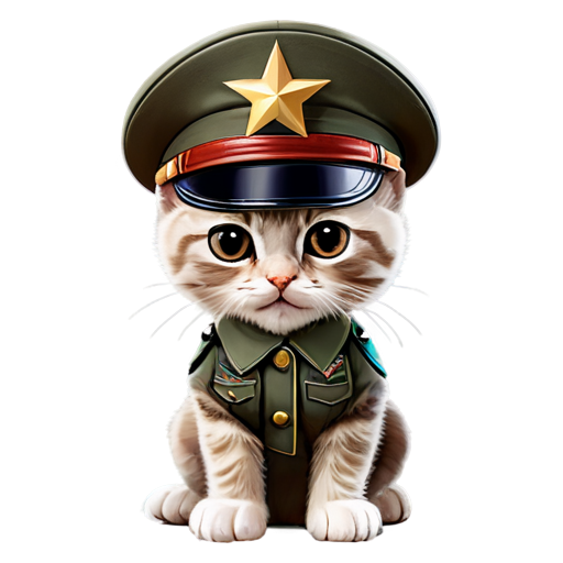 Angry Yelling girl kitten with brown eyes in army generals uniform and hat with generals star cartoon - icon | sticker