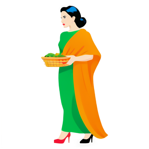 Design a Pop Art vector of a lively lady latín carrying a woven basket filled with an orange shawl. A vibrant and exuberant woman sending a WhatsApp message, with the iconic WhatsApp logo discreetly incorporated into the scene. - icon | sticker