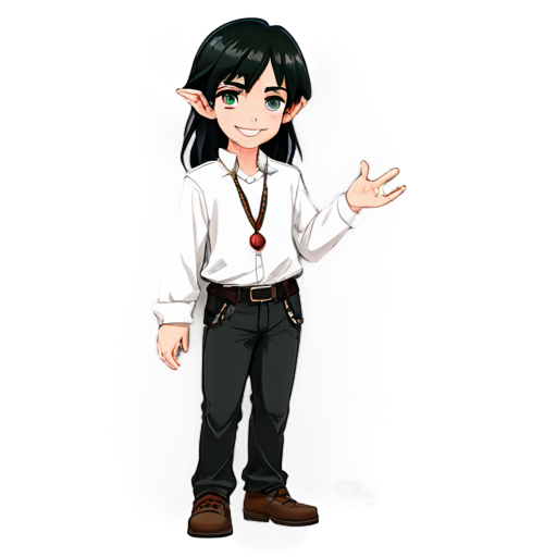 Art realism, Young male elf, long black hair, green eyes, ruby ​​drop earrings in his ears, in a white, loose shirt and black pants, chains on his neck, he smiles and holds out his hand - icon | sticker